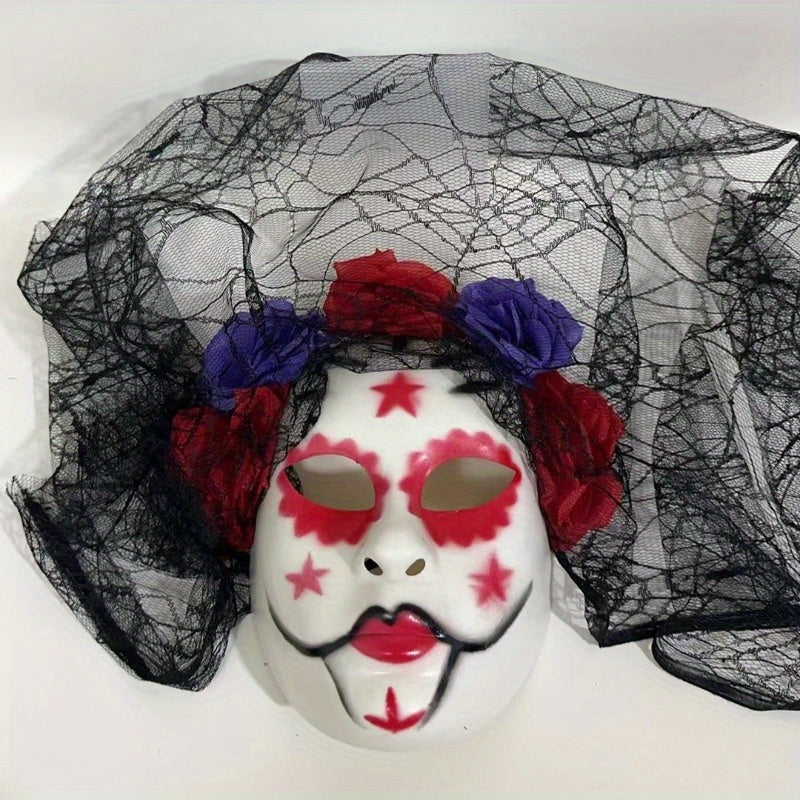 Day of the Dead Inspired Lace Skull Mask with Veil & Rose Crown - Halloween Costume Accessory for Masquerade Parties, Gothic Horror-Themed Cosplay Prop