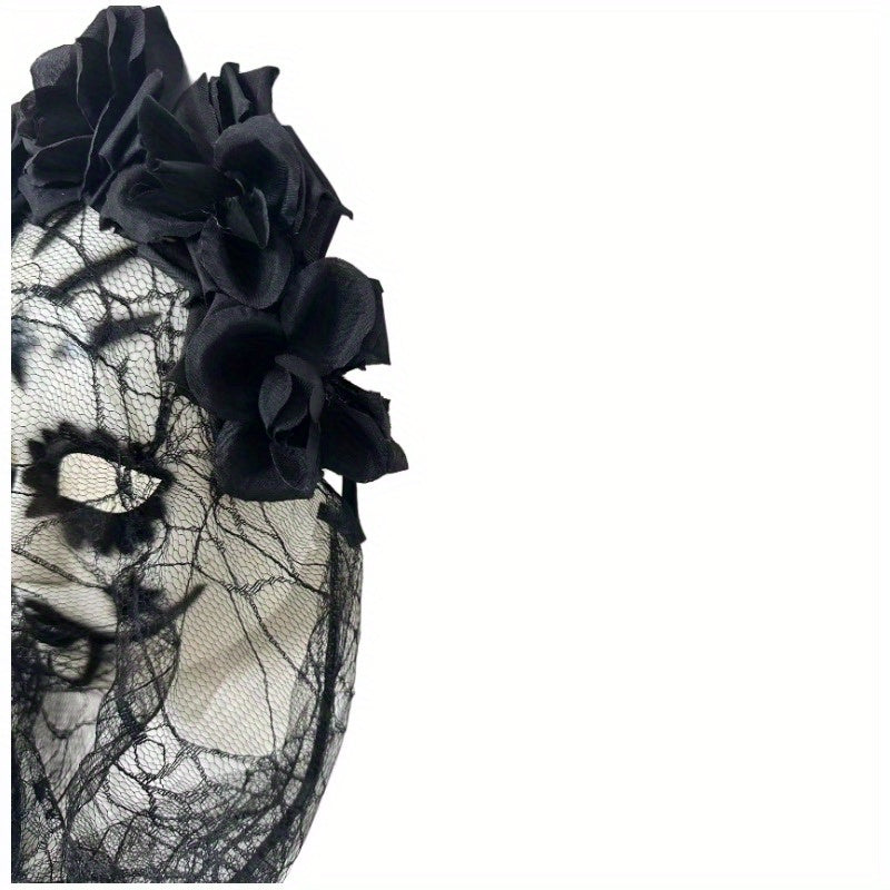 Day of the Dead Inspired Lace Skull Mask with Veil & Rose Crown - Halloween Costume Accessory for Masquerade Parties, Gothic Horror-Themed Cosplay Prop