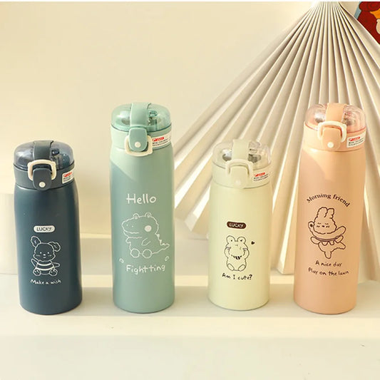 Portable Kids Thermos Mug With Straw Stainless Steel Cartoon Vacuum Flasks Children Cute Thermal Water Bottle Tumbler Thermocup