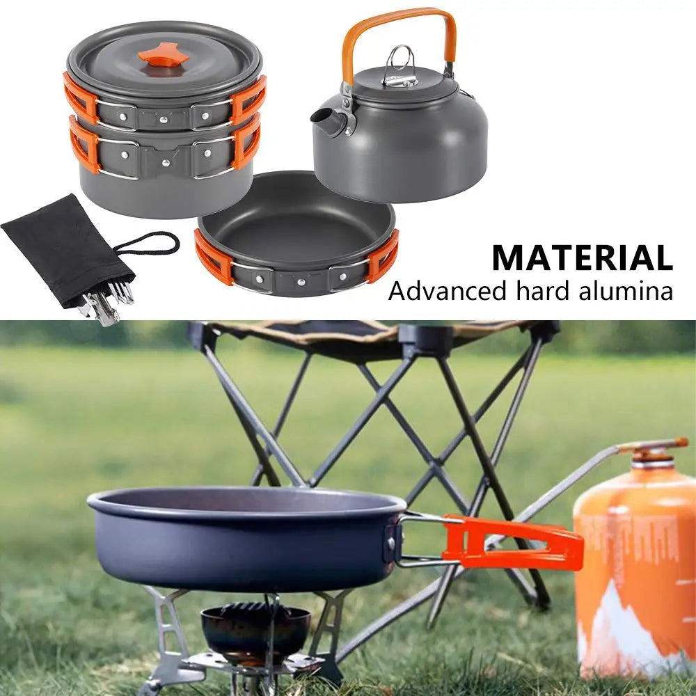 Camping Cookware Kit Outdoor Aluminum Cooking Set Water Kettle Pan Pot Travelling Hiking Picnic BBQ Tableware Equipment