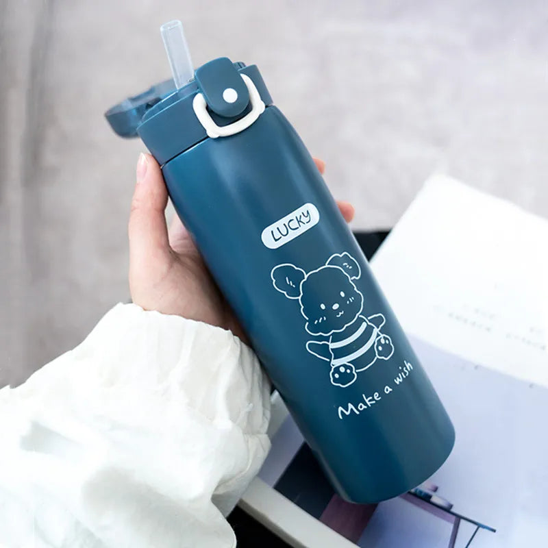 Portable Kids Thermos Mug With Straw Stainless Steel Cartoon Vacuum Flasks Children Cute Thermal Water Bottle Tumbler Thermocup