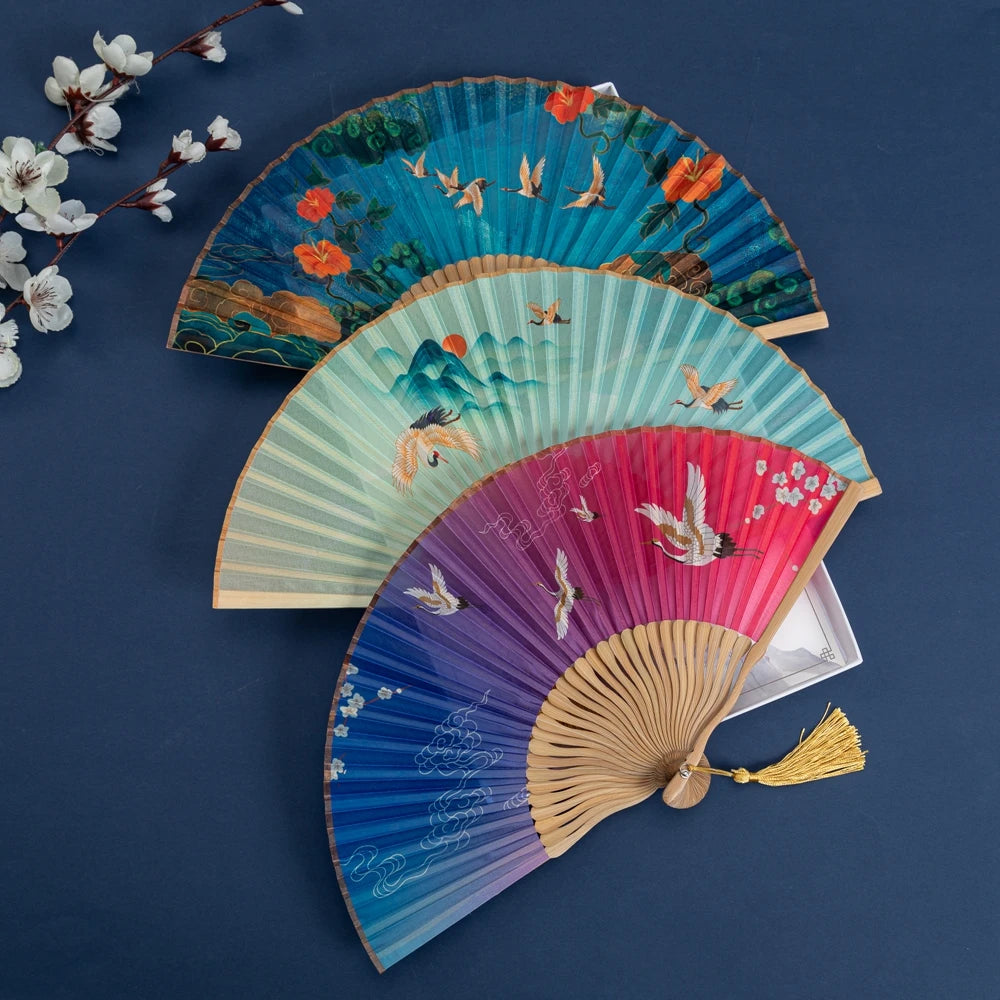 Fan Folding Fan Chinese Wind Girl-Style Crane With The Classic Summer Cheongsam Han Clothing Small Fan Small Bamboo Fan Dance Fa