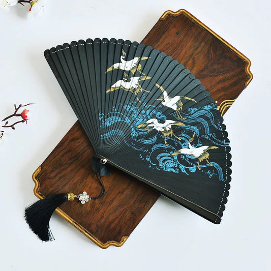 Flying Crane Printing Folding Fan All Bamboo Chinese Style Hanfu Cheongsam Dance Folding Fan Stage Performance Photography Props