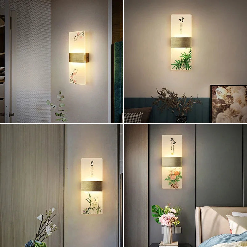 LED Indoor Wall Lamp Acrylic Featured Chinese Idiom Style Plant Printing Wall Light 6W Bedroom Living Room Balcony Bedside Light