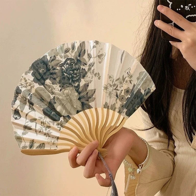 New Chinese Japanese Silk Folding Fan Wooden Shank Classical Dance Fan High Quality Tassel Elegent Female Fan Home Decoration