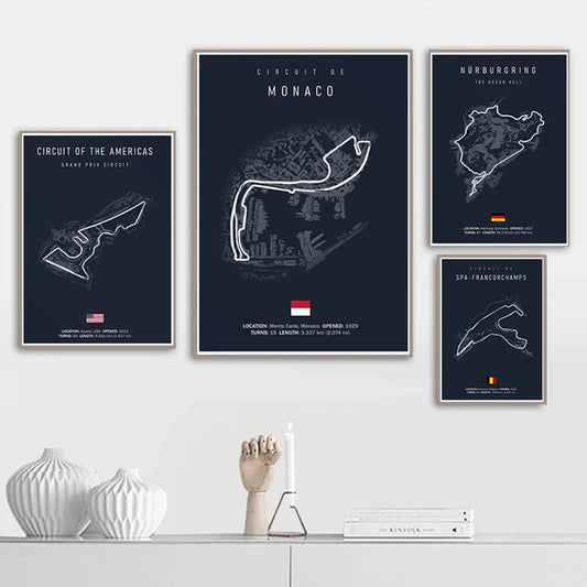 F1 Imola Monaco Circuit Canvas Painting Formula One Circuit Poster Nordic Aesthetic Suitable for Modern Living Room Home Decor