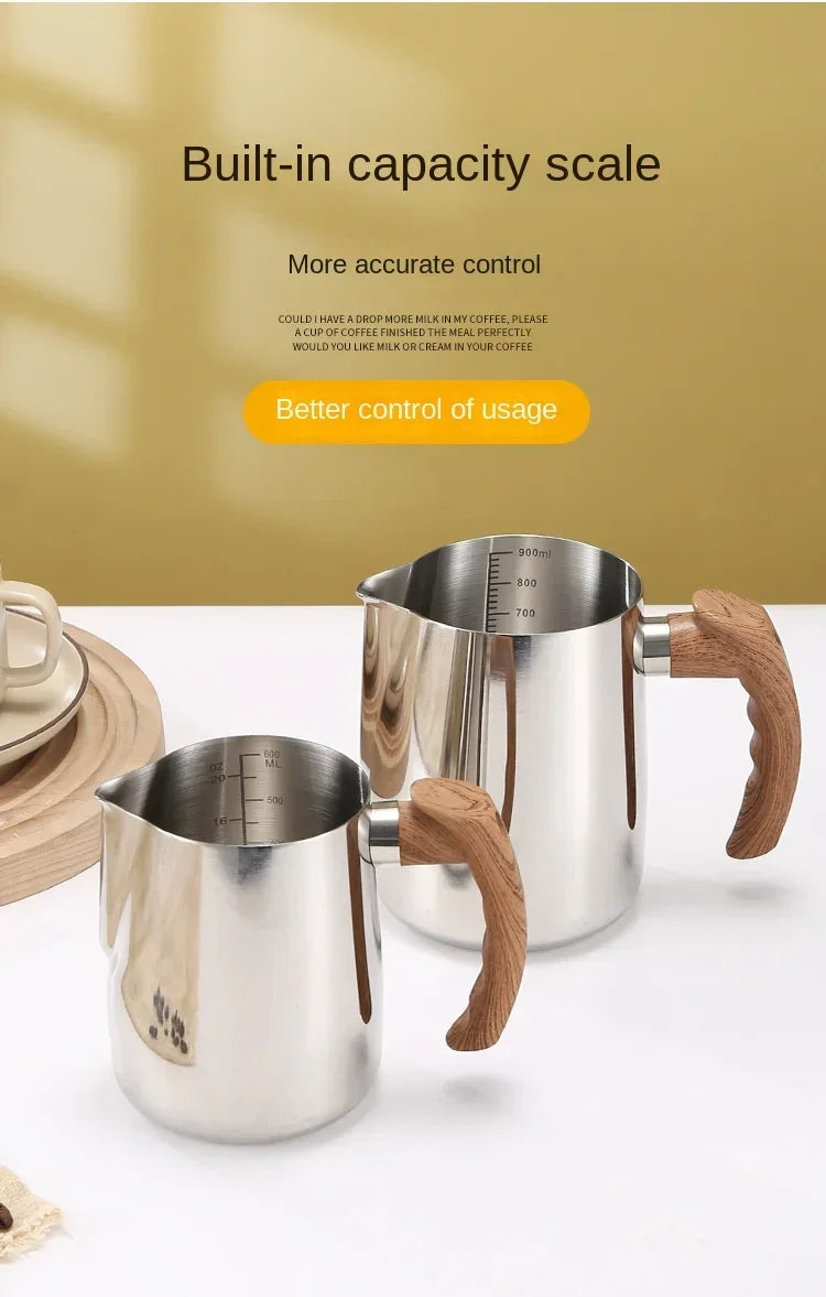 600/900ML Milk Frothing Pitcher with Precise Scale Wooden Handle Dripless Spout Stainless Steel Latte Coffee Cup Coffeeware