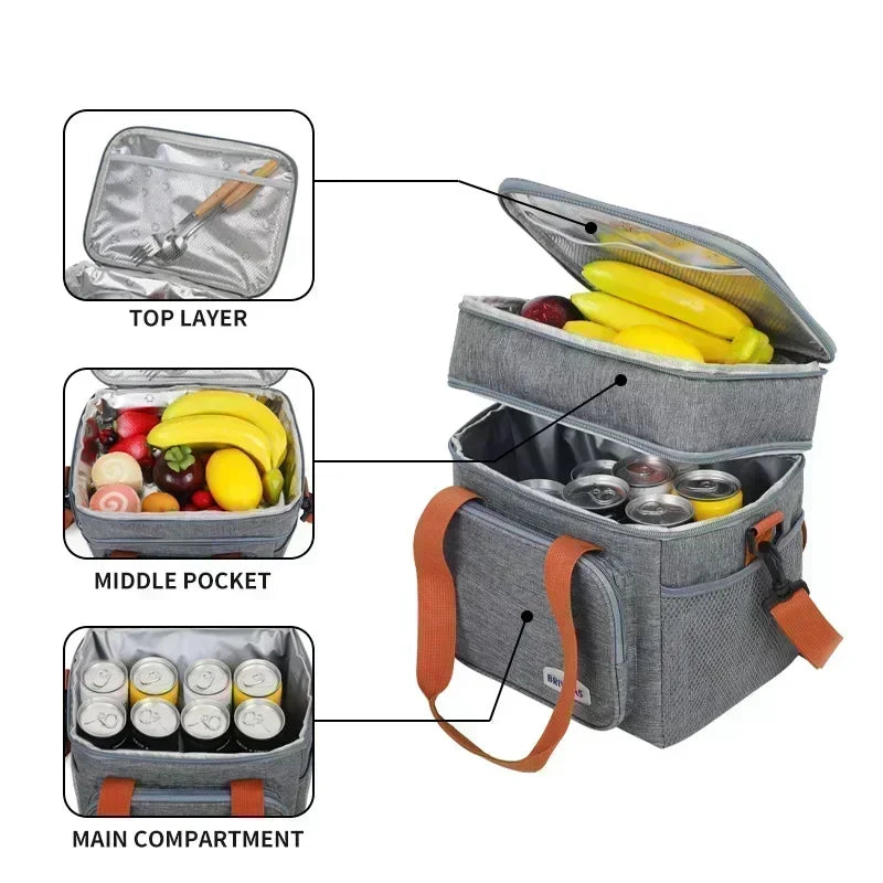 BAGNEER Thermal Lunch Bag Picnic Food Cooler Bags Insulated Case Waterproof Office School Lunchbag Shoulder Strap Cooling Box