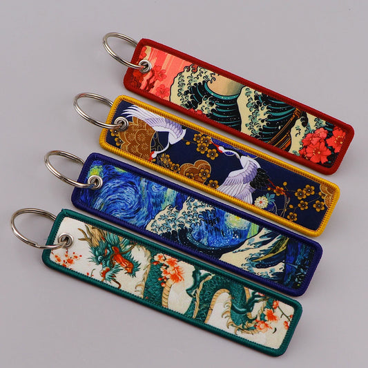 Van Gogh Embroidery Key Fobs Japanese Waves Key Tags Keychain For Motorcycles Cars Key