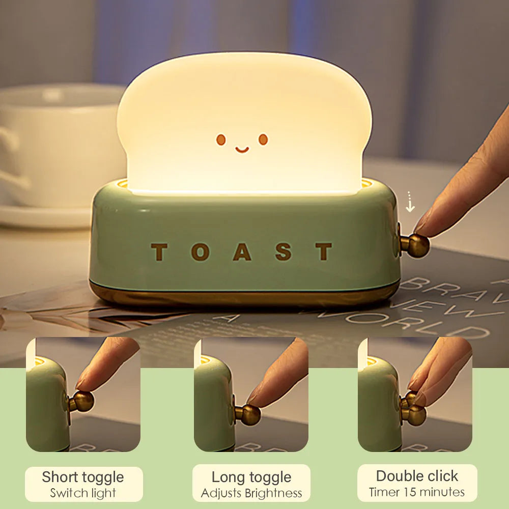 BANDIAN Toast Cartoon LED Night Light Cute Home Decor Kawaii Bread Table Lamps Night Portable Light with Timer Tiny Lamp