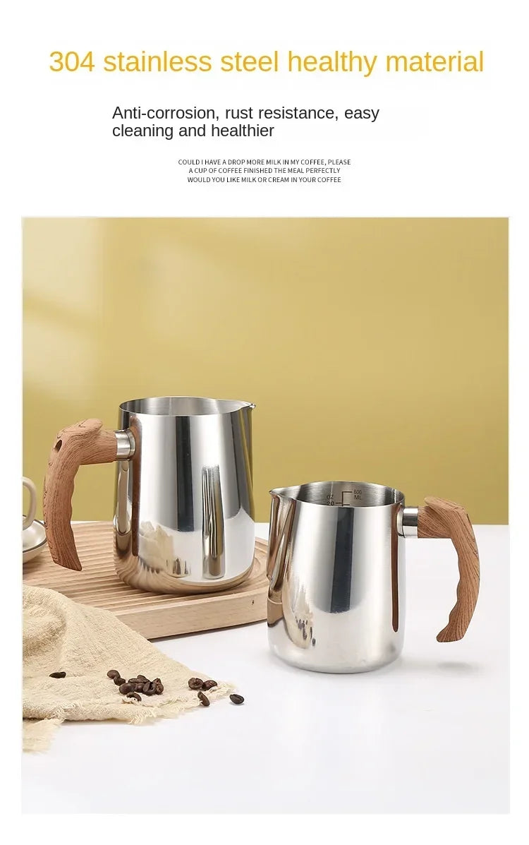 600/900ML Milk Frothing Pitcher with Precise Scale Wooden Handle Dripless Spout Stainless Steel Latte Coffee Cup Coffeeware