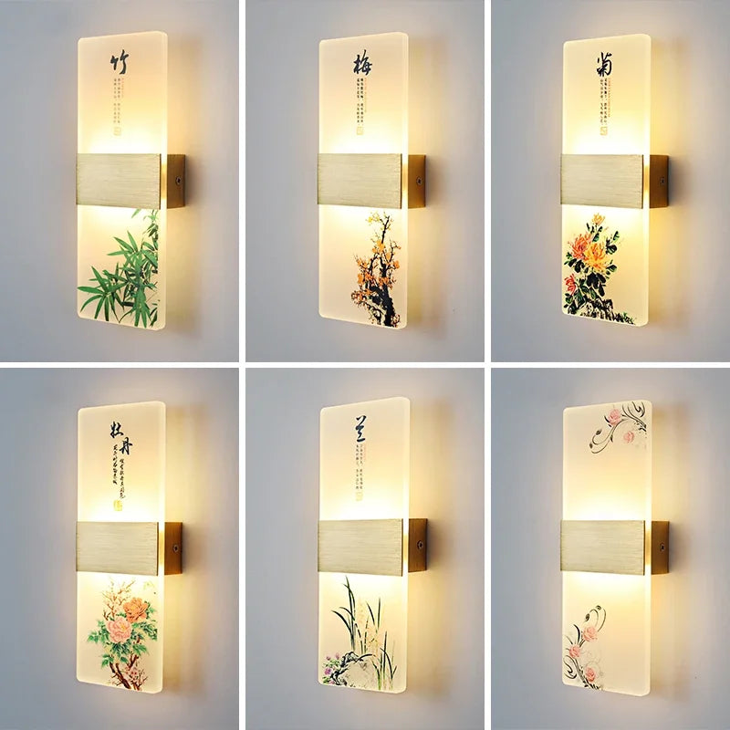 LED Indoor Wall Lamp Acrylic Featured Chinese Idiom Style Plant Printing Wall Light 6W Bedroom Living Room Balcony Bedside Light