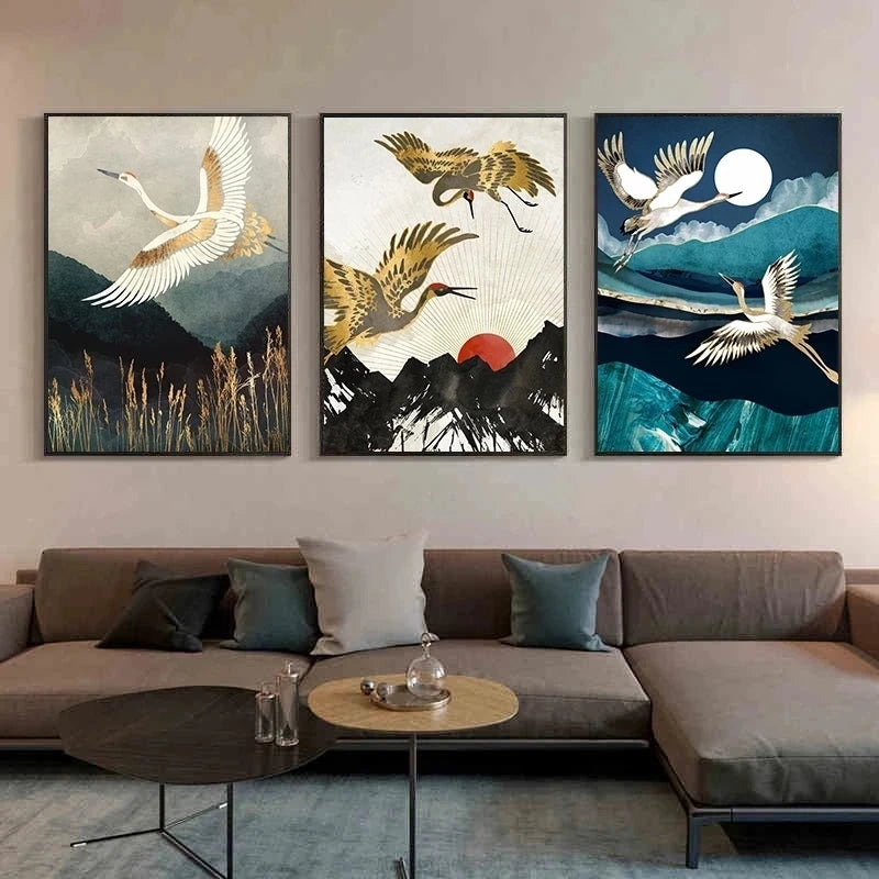 Retro Chinese Style Canvas Painting Golden Flying Crane Abstract Sun Animal Bird Posters Prints Wall Art Picture for Living Room