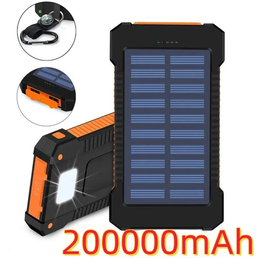 200000mAh Portable Solar Power Bank External Battery Fast Charging Waterproof Powerbank with SOS Flashlight