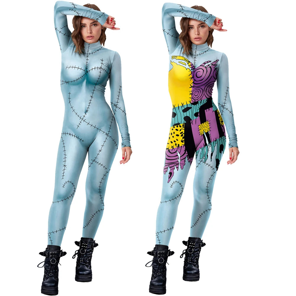 Halloween Anime Movie Sally Cosplay Dress Party Set Costume Christmas Women Slim Jumpsuit Catsuit Zentai Bodysuit Gothic Leggins