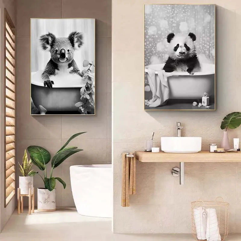 Black White Animal Poster Giraffe Tiger Monkey Panda Lion Toilet Canvas Painting Wall Art Picture Nordic Bathroom Home Decor