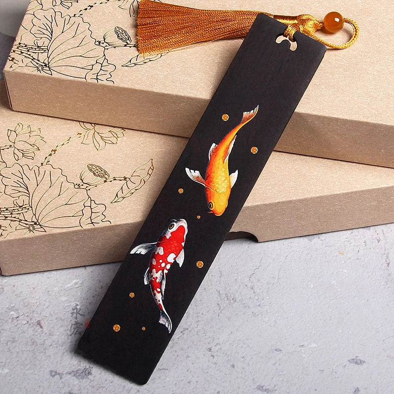 Chinese Style Retro Painted Koi Carp Wooden Bookmark Tassel Pendant Creative Book Mark