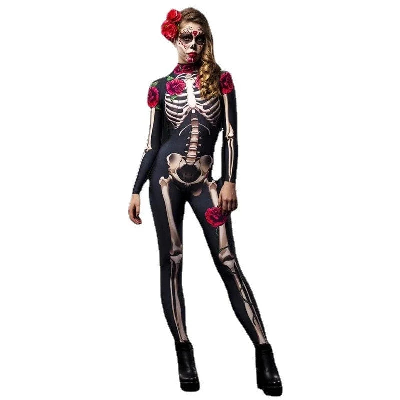 Rose Skeleton Adult Kids Scary Costume Halloween Dress Cosplay Sexy Jumpsuit Carnival Party Baby Girl Rompers Day of The Dead