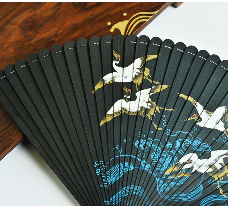 Flying Crane Printing Folding Fan All Bamboo Chinese Style Hanfu Cheongsam Dance Folding Fan Stage Performance Photography Props