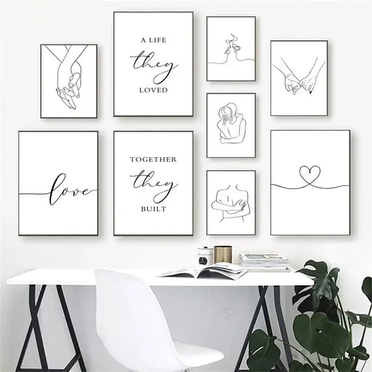 Simple Black and White Couple Line Art Line Drawing for home decorating