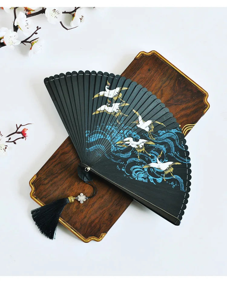 Flying Crane Printing Folding Fan All Bamboo Chinese Style Hanfu Cheongsam Dance Folding Fan Stage Performance Photography Props