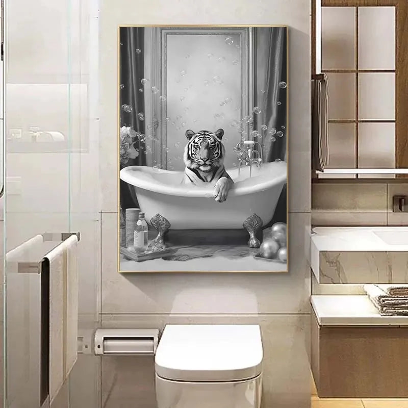 Black White Animal Poster Giraffe Tiger Monkey Panda Lion Toilet Canvas Painting Wall Art Picture Nordic Bathroom Home Decor