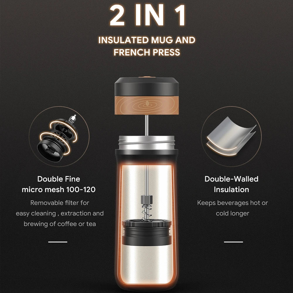 French Press Coffee Maker Portable Travel Thermos Pot Stainless Steel Mug 12 oz Great for Christmas Gift Coffeeware Teaware