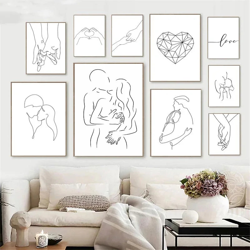 Simple Black and White Couple Line Art Line Drawing for home decorating