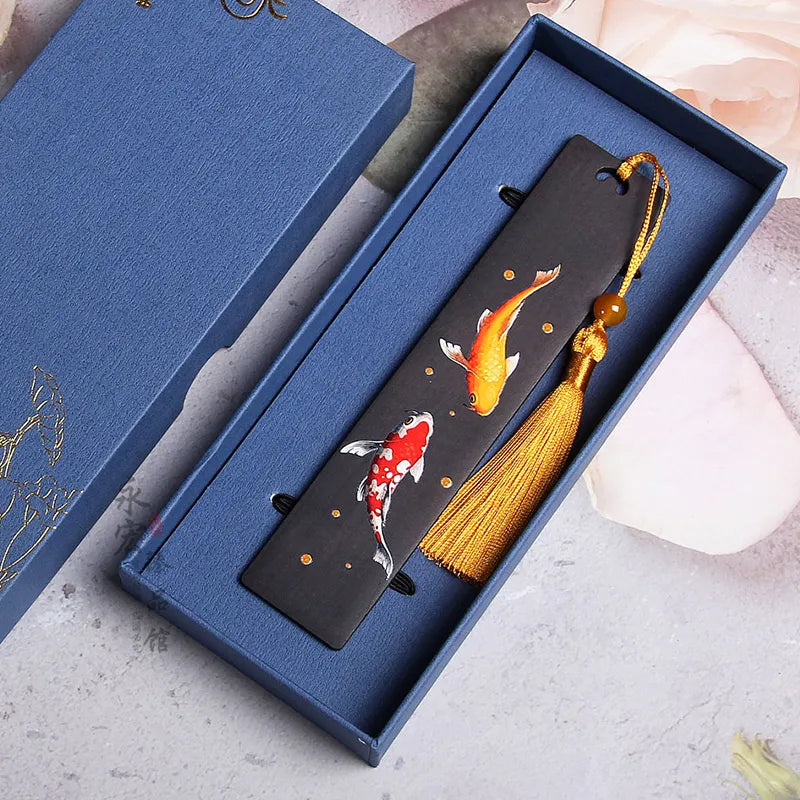 Chinese Style Retro Painted Koi Carp Wooden Bookmark Tassel Pendant Creative Book Mark