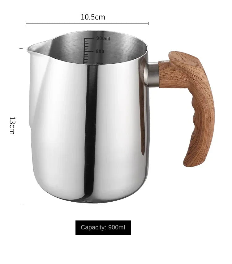 600/900ML Milk Frothing Pitcher with Precise Scale Wooden Handle Dripless Spout Stainless Steel Latte Coffee Cup Coffeeware