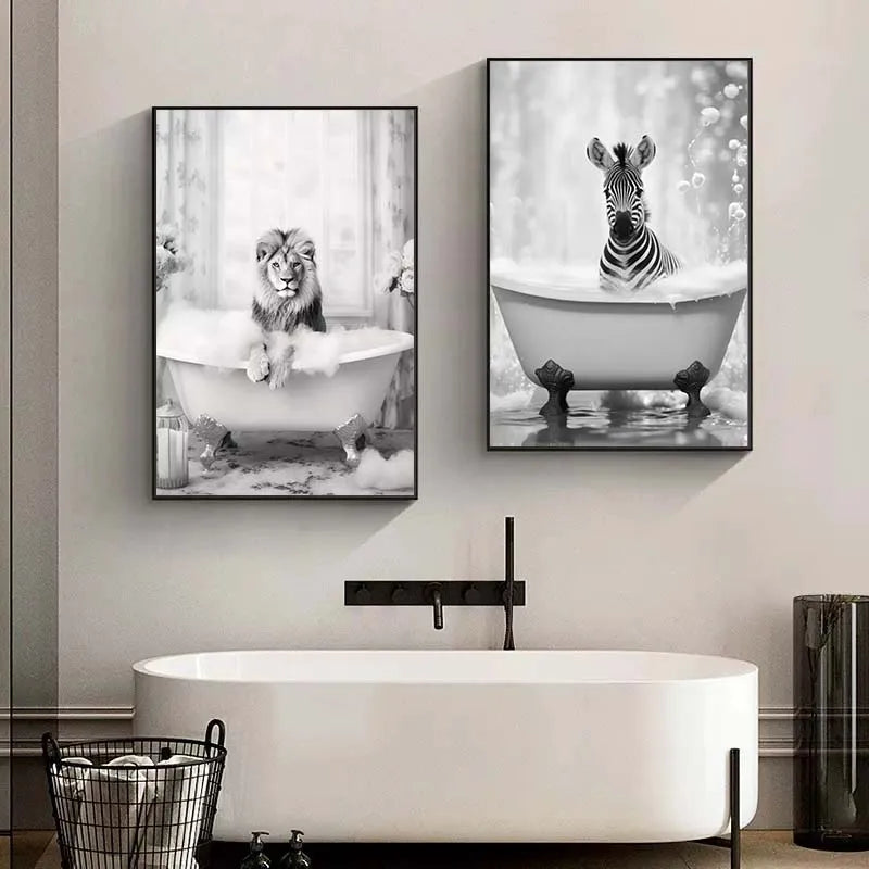 Black White Animal Poster Giraffe Tiger Monkey Panda Lion Toilet Canvas Painting Wall Art Picture Nordic Bathroom Home Decor