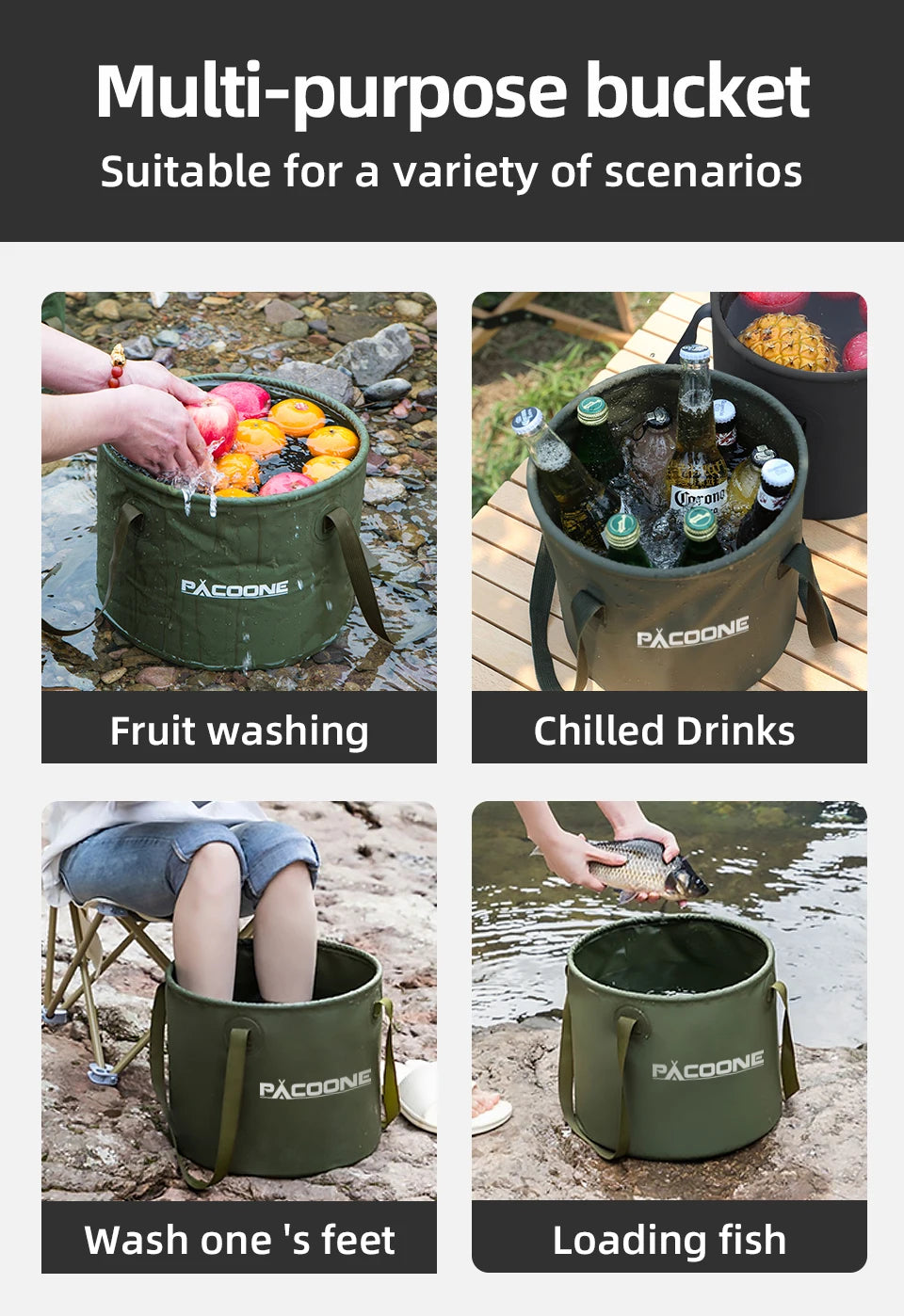 PACOONE Foldable Round Bucket Outdoor Travel Portable Water Basin Storage Bucket Camping Equipment