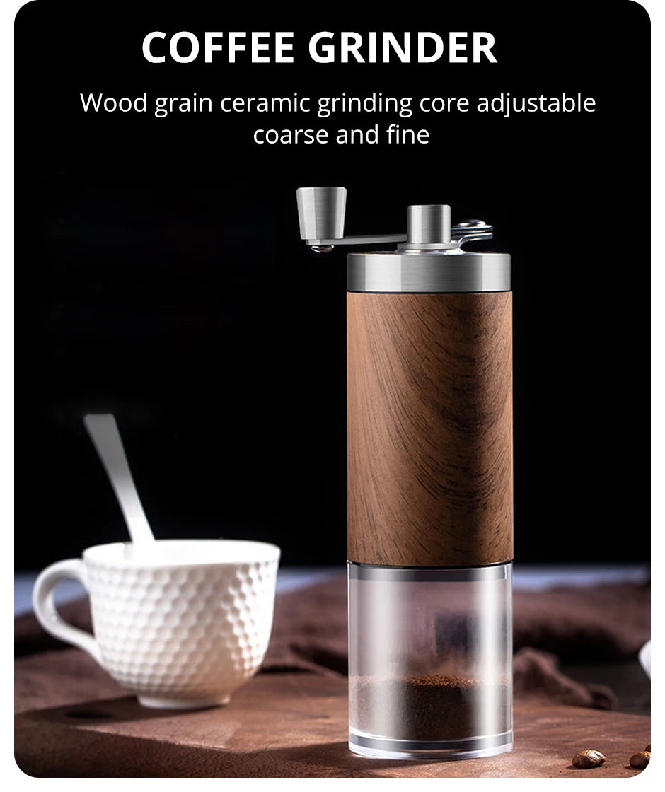 1PCS Coffee Bean Grinder Portable Wood Grain Stainless Steel Crank Hand Hand Coffee Grinder Kitchen Tool Grinder