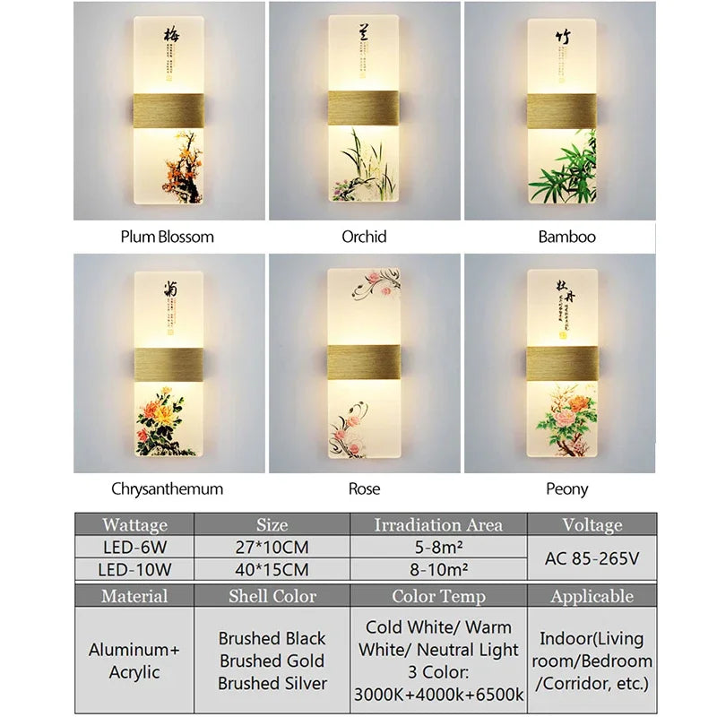 LED Indoor Wall Lamp Acrylic Featured Chinese Idiom Style Plant Printing Wall Light 6W Bedroom Living Room Balcony Bedside Light