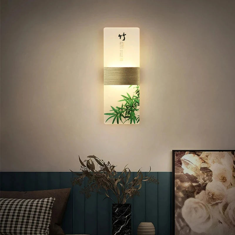 LED Indoor Wall Lamp Acrylic Featured Chinese Idiom Style Plant Printing Wall Light 6W Bedroom Living Room Balcony Bedside Light