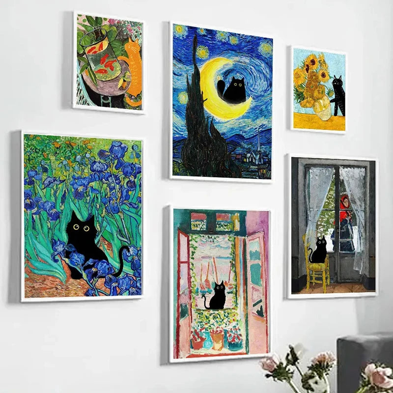 Funny Art Matisse Monet Black Cat Van Gogh Sunflowers Canvas Painting Posters and Prints Wall Pictures for Living Room Decor