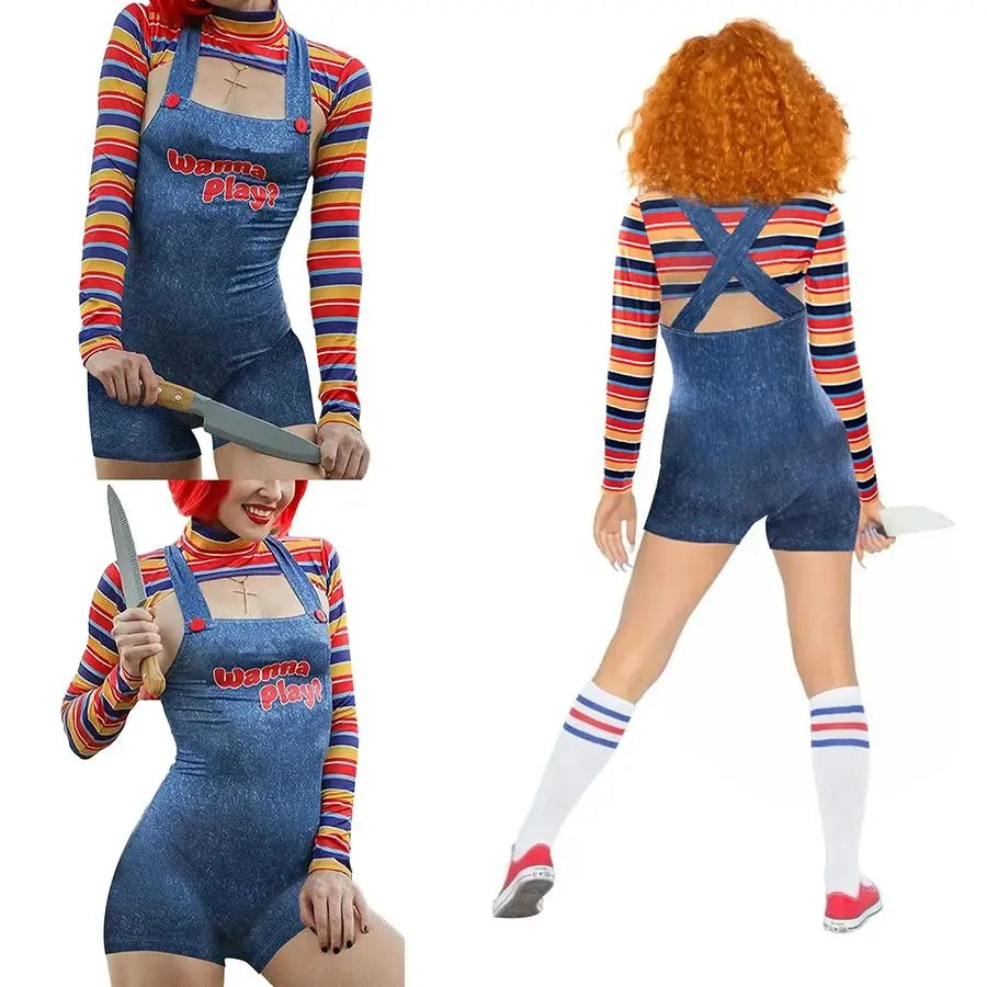 Women 2 Pcs Halloween Costumes Scary Nightmare Killer Doll Wanna Play Movie Character Bodysuit Chucky Doll Cosplay Costume Set