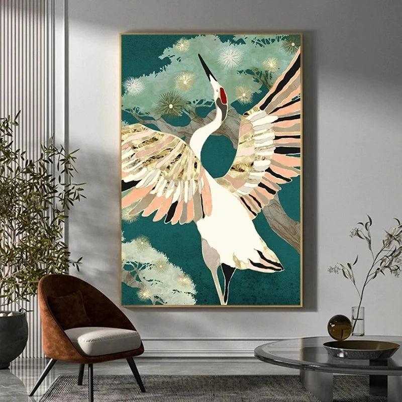 Retro Chinese Style Canvas Painting Golden Flying Crane Abstract Sun Animal Bird Posters Prints Wall Art Picture for Living Room