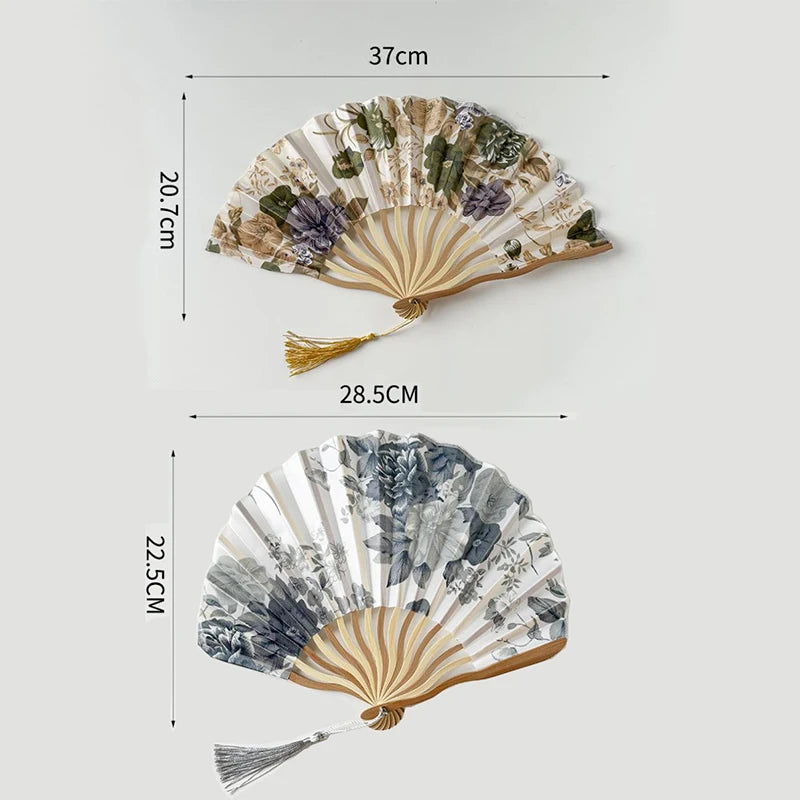 New Chinese Japanese Silk Folding Fan Wooden Shank Classical Dance Fan High Quality Tassel Elegent Female Fan Home Decoration