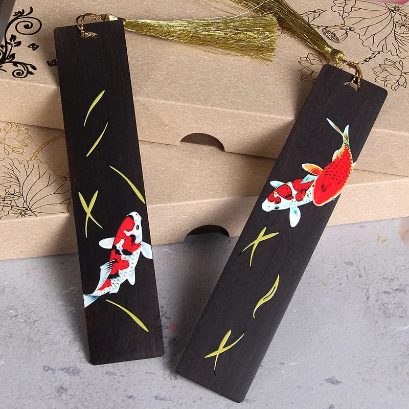 Chinese Style Retro Painted Koi Carp Wooden Bookmark Tassel Pendant Creative Book Mark